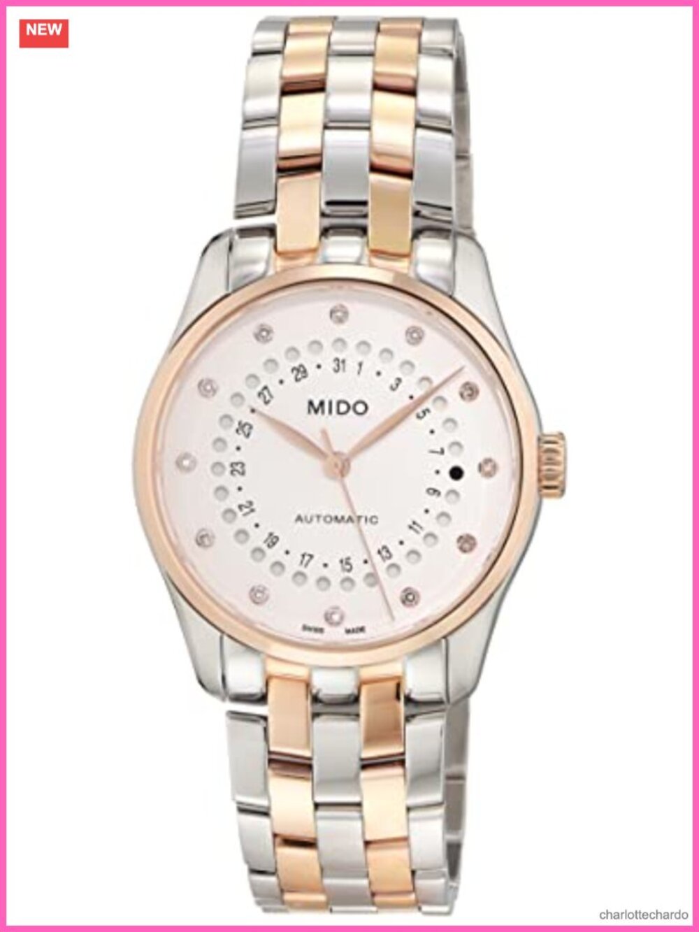 Swiss Automatic Watch for Women – Silver Guilloche Dial, Rose Gold Bezel,